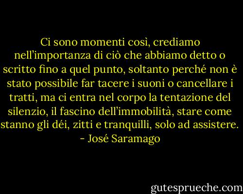Ci sono momenti così, crediamo nell’importanza di ciò che abbiamo detto o scritto fino a quel punto, soltanto perché non è stato possibile far tacere i suoni o cancellare i tratti, ma ci entra nel corpo la tentazione del silenzio, il fascino dell’immobilità, stare come stanno gli déi, zitti e tranquilli, solo ad assistere. - José Saramago