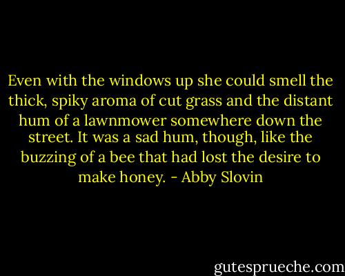 Even with the windows up she could smell the thick, spiky aroma of cut grass and the distant hum of a lawnmower somewhere down the street. It was a sad hum, though, like the buzzing of a bee that had lost the desire to make honey. - Abby Slovin