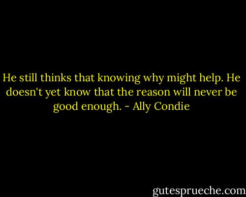 He still thinks that knowing why might help. He doesn't yet know that the reason will never be good enough. - Ally Condie