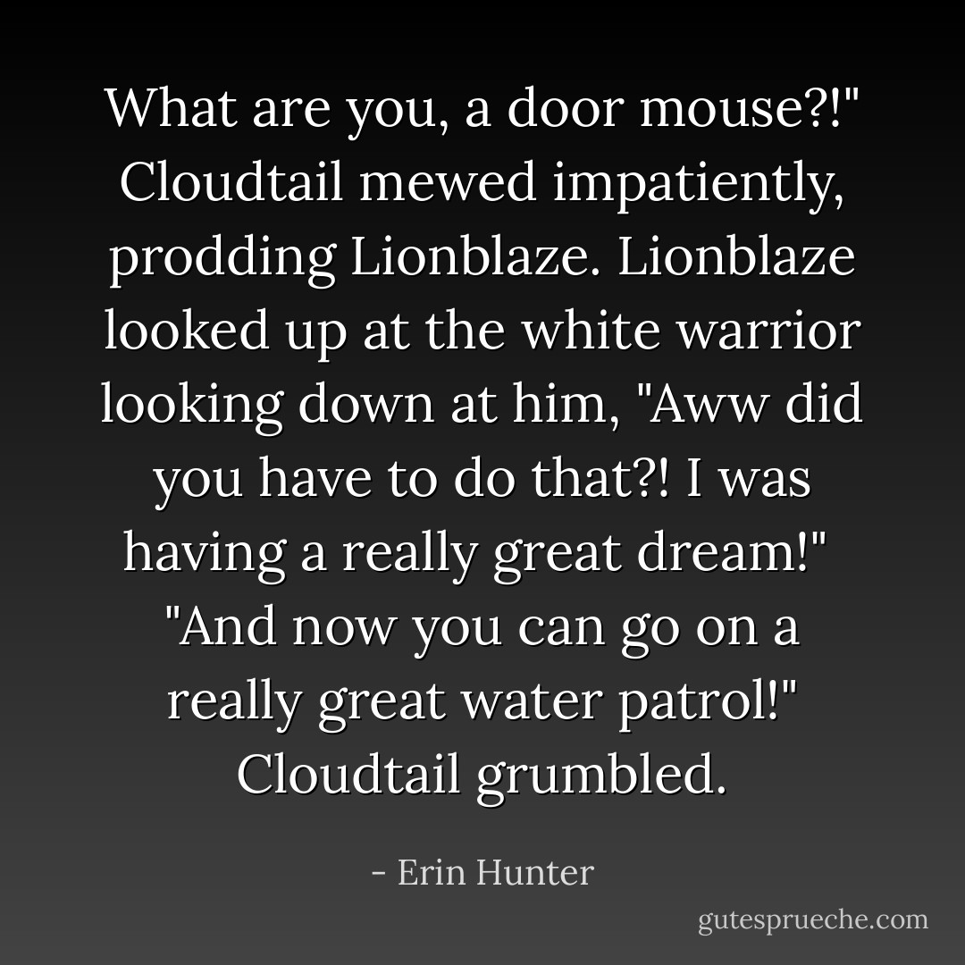 What are you, a door mouse?!" Cloudtail mewed impatiently, prodding Lionblaze. Lionblaze looked up at the white warrior looking down at him, "Aww did you have to do that?! I was having a really great dream!" <br />"And now you can go on a really great water patrol!" Cloudtail grumbled. - Erin Hunter