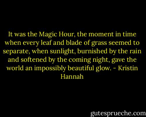 It was the Magic Hour, the moment in time when every leaf and blade of grass seemed to separate, when sunlight, burnished by the rain and softened by the coming night, gave the world an impossibly beautiful glow. - Kristin Hannah