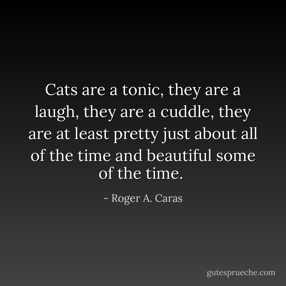 Cats are a tonic, they are a laugh, they are a cuddle, they are at least pretty just about all of the time and beautiful some of the time.  - Roger A. Caras