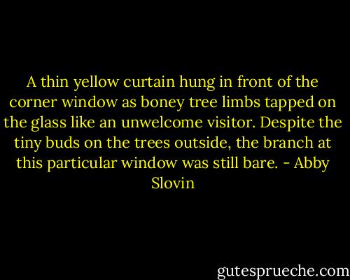 A thin yellow curtain hung in front of the corner window as boney tree limbs tapped on the glass like an unwelcome visitor. Despite the tiny buds on the trees outside, the branch at this particular window was still bare. - Abby Slovin