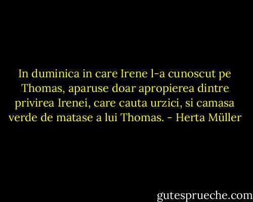 In duminica in care Irene l-a cunoscut pe Thomas, aparuse doar apropierea dintre privirea Irenei, care cauta urzici, si camasa verde de matase a lui Thomas. - Herta Müller