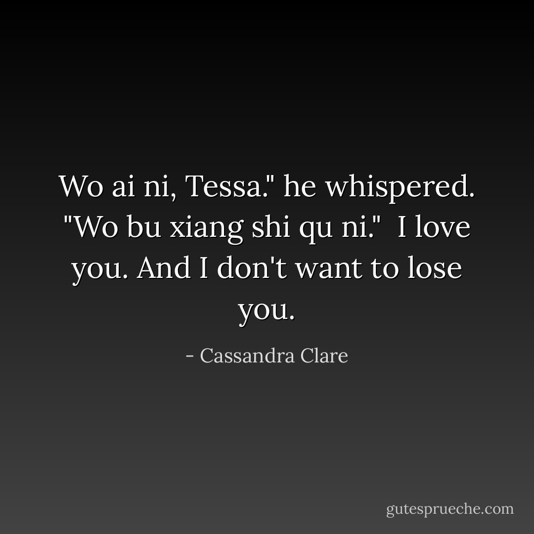 <i>Wo ai ni,</i> Tessa." he whispered. "<i>Wo bu xiang shi qu ni.</i>"<br /><br /><i>I love you.<br />And I don't want to lose you.</i> - Cassandra Clare