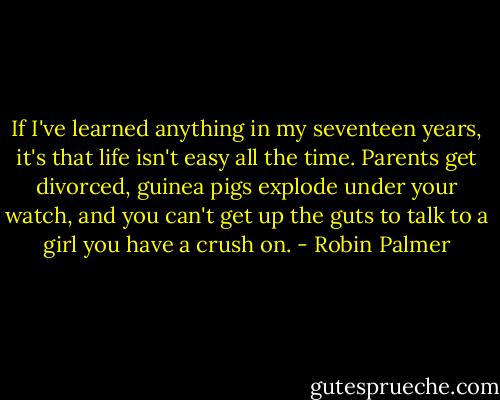 If I've learned anything in my seventeen years, it's that life isn't easy all the time. Parents get divorced, guinea pigs explode under your watch, and you can't get up the guts to talk to a girl you have a crush on. - Robin Palmer
