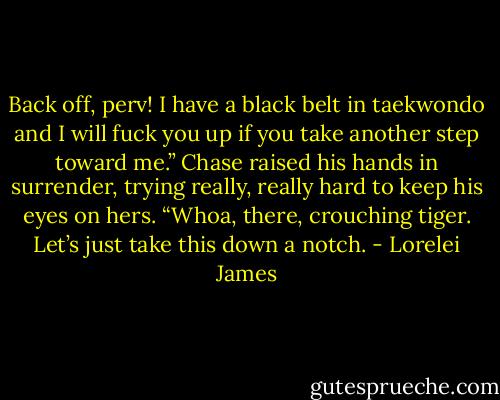 Back off, perv! I have a black belt in taekwondo<br />and I will fuck you up if you take another step toward<br />me.”<br />Chase raised his hands in surrender, trying really,<br />really hard to keep his eyes on hers. “Whoa, there,<br />crouching tiger. Let’s just take this down a notch. - Lorelei James