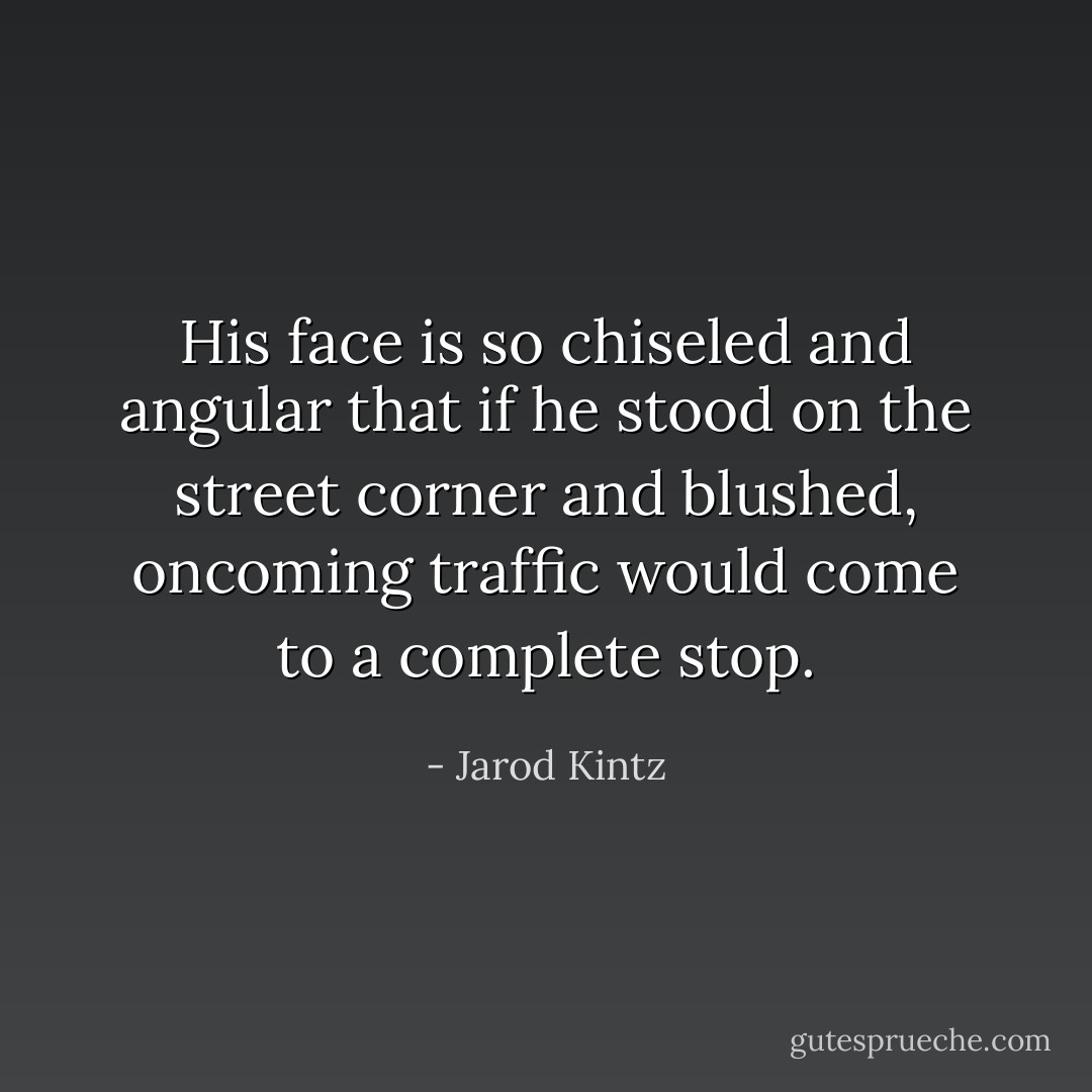 His face is so chiseled and angular that if he stood on the street corner and blushed, oncoming traffic would come to a complete stop. - Jarod Kintz