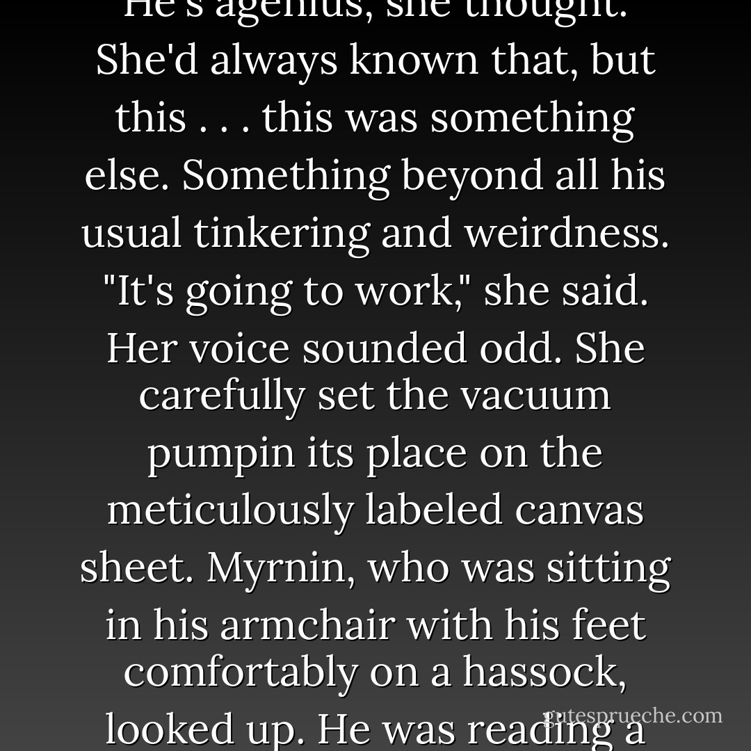 It took hours, but all of a sudden as she was drawing the plug-in for a vacuum pump that felt as if it was radiating cold, although she didn't know how, Claire saw . . . something. It was like a flash of intuition, one of those moments that came to her sometimes when she thoughtabout higher-order physics problems. Not calculation, exactly, not logic. Instinct.She saw what he was doing, and for that one second, it was beautiful.Crazy, but in a beautiful kind of way. Like everything Myrnin did, it twisted the basicrules of physics, bent them and reshaped them until they became . . . something else. He's agenius, she thought. She'd always known that, but this . . . this was something else. Something beyond all his usual tinkering and weirdness.<br />"It's going to work," she said. Her voice sounded odd. She carefully set the vacuum pumpin its place on the meticulously labeled canvas sheet. Myrnin, who was sitting in his armchair with his feet comfortably on a hassock, looked up. He was reading a book through tiny little square spectacles that might have once belonged to Benjamin Franklin. <br />"Well, of course it's going to work," he said. "What did you expect? I do know what I'm doing."<br />This from a man wearing clothing from the OMG No store, and his battered vampire-bunny slippers. He'd crossed his feet at the ankles on top of a footstool, and both the bunnies' red mouths were flapping open to reveal their sharp, pointy teeth.<br />Claire grinned, suddenly full of enthusiasm for what she was doing. <br />"I didn't expectanything else," she said. "When's lunch? - Rachel Caine