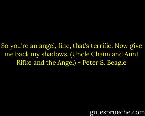 So you're an angel, fine, that's terrific. Now give me back my shadows. (Uncle Chaim and Aunt Rifke and the Angel) - Peter S. Beagle