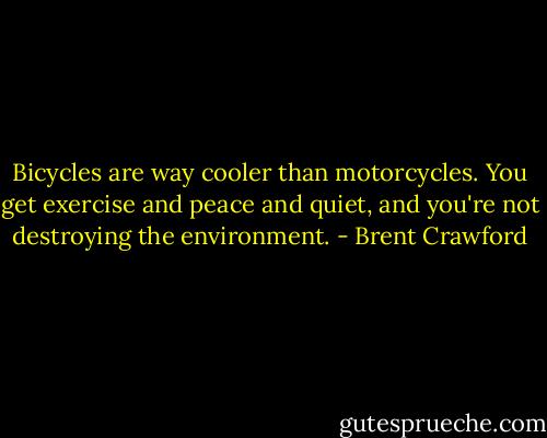 Bicycles are way cooler than motorcycles. You get exercise and peace and quiet, and you're not destroying the environment. - Brent Crawford