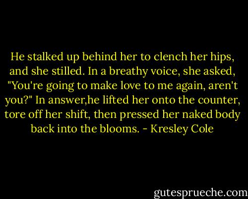 He stalked up behind her to clench her hips, and she stilled.<br />In a breathy voice, she asked, "You're going to make love to me again, aren't you?"<br />In answer,he lifted her onto the counter, tore off her shift, then pressed her naked body back into the blooms. - Kresley Cole