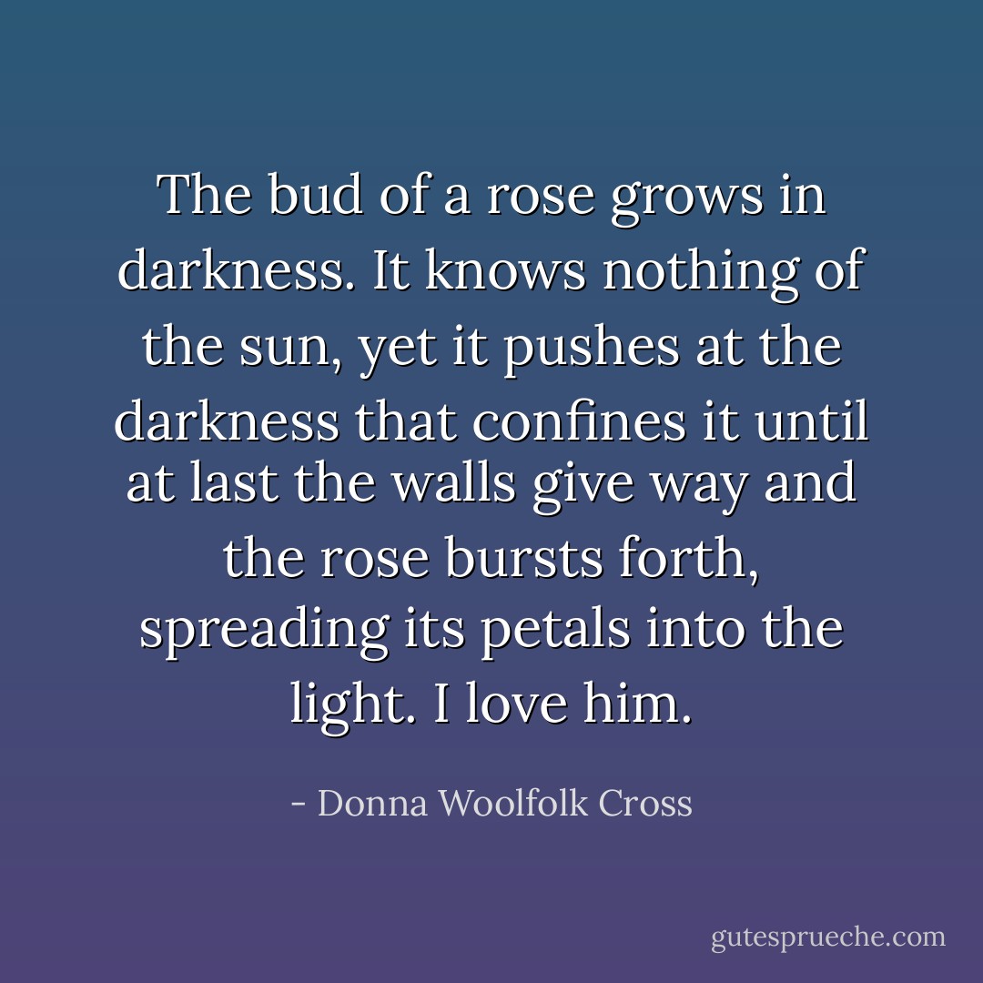 The bud of a rose grows in darkness. It knows nothing of the sun, yet it pushes at the darkness that confines it until at last the walls give way and the rose bursts forth, spreading its petals into the light. I love him. - Donna Woolfolk Cross