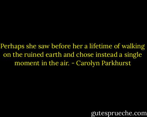 Perhaps she saw before her a lifetime of walking on the ruined earth and chose instead a single moment in the air. - Carolyn Parkhurst