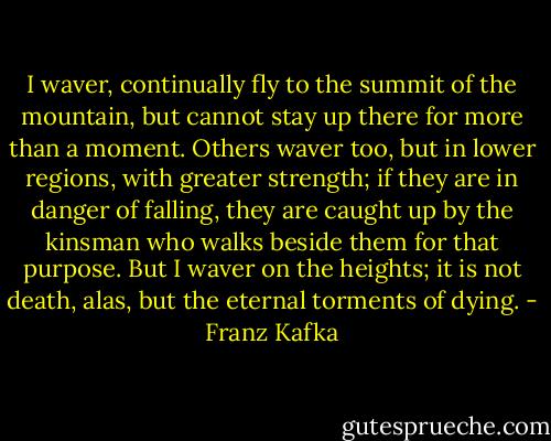 I waver, continually fly to the summit of the mountain, but cannot stay up there for more than a moment. Others waver too, but in lower regions, with greater strength; if they are in danger of falling, they are caught up by the kinsman who walks beside them for that purpose. But I waver on the heights; it is not death, alas, but the eternal torments of dying. - Franz Kafka