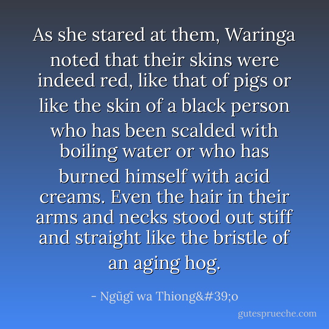 As she stared at them, Waringa noted that their skins were indeed red, like that of pigs or like the skin of a black person who has been scalded with boiling water or who has burned himself with acid creams. Even the hair in their arms and necks stood out stiff and straight like the bristle of an aging hog. - Ngũgĩ wa Thiong'o
