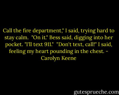 Call the fire department," I said, trying hard to stay calm.<br /><br />"On it." Bess said, digging into her pocket. "I'll text 911."<br /><br />"Don't text, call!" I said, feeling my heart pounding in the chest. - Carolyn Keene