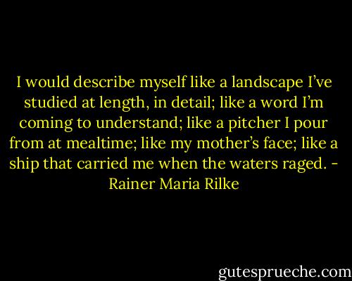 I would describe myself like a landscape I’ve studied at length, in detail; like a word I’m coming to understand; like a pitcher I pour from at mealtime; like my mother’s face; like a ship that carried me when the waters raged. - Rainer Maria Rilke