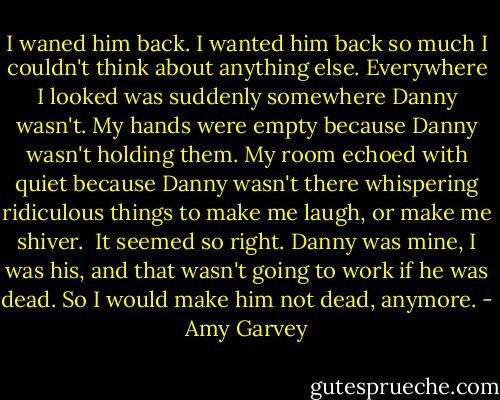 I waned him back. I wanted him back so much I couldn't think about anything else. Everywhere I looked was suddenly somewhere Danny wasn't. My hands were empty because Danny wasn't holding them. My room echoed with quiet because Danny wasn't there whispering ridiculous things to make me laugh, or make me shiver.<br /><br />It seemed so right. Danny was mine, I was his, and that wasn't going to work if he was dead. So I would make him not dead, anymore. - Amy Garvey
