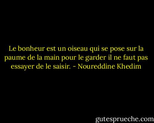 Le bonheur est un oiseau qui se pose sur la paume de la main pour le garder il ne faut pas essayer de le saisir. - Noureddine Khedim