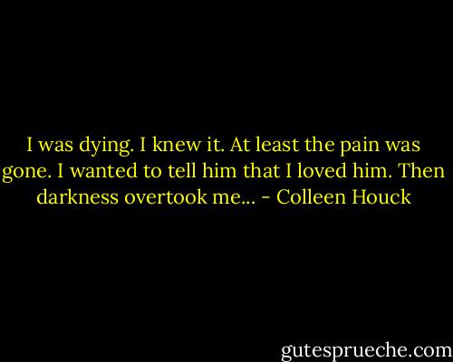 I was dying. I knew it. At least the pain was gone. I wanted to tell him that I loved him. Then darkness overtook me... - Colleen Houck