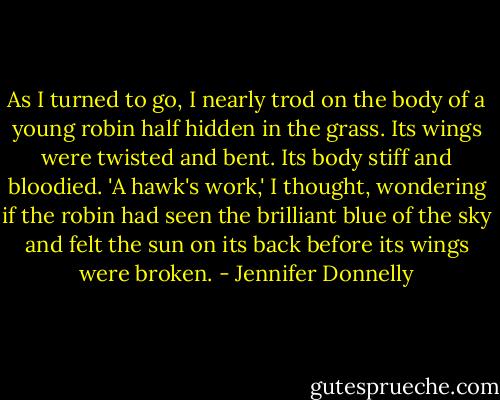 As I turned to go, I nearly trod on the body of a young robin half hidden in the grass. Its wings were twisted and bent. Its body stiff and bloodied.<br />'A hawk's work,' I thought, wondering if the robin had seen the brilliant blue of the sky and felt the sun on its back before its wings were broken. - Jennifer Donnelly