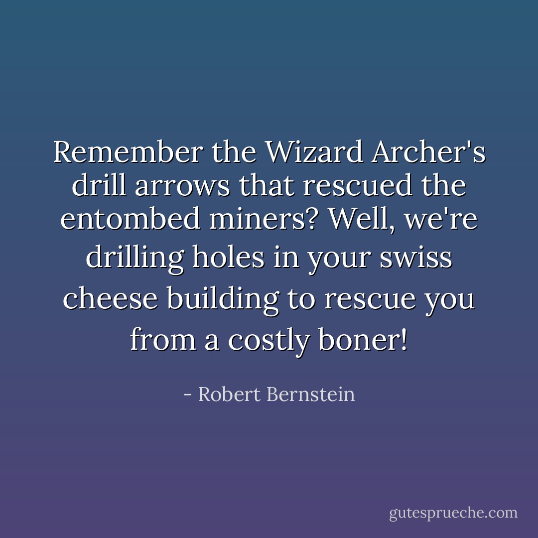 Remember the <b>Wizard Archer's drill arrows</b> that rescued the entombed miners? Well, we're <b>drilling holes</b> in your swiss cheese building to rescue <b>you</b> from a costly boner! - Robert Bernstein