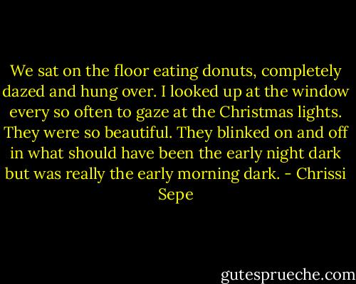 We sat on the floor eating donuts, completely dazed and hung over. I looked up at the window every so often to gaze at the Christmas lights. They were so beautiful. They blinked on and off in what should have been the early night dark but was really the early morning dark. - Chrissi Sepe