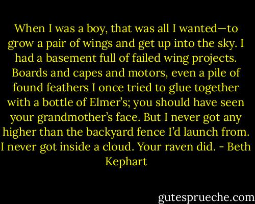 When I was a boy, that was all I wanted—to grow a pair of wings and get up into the sky. I had a basement full of failed wing projects. Boards and capes and motors, even a pile of found feathers I once tried to glue together with a bottle of Elmer’s; you should have seen your grandmother’s face. But I never got any higher than the backyard fence I’d launch from. I never got inside a cloud. Your raven did. - Beth Kephart