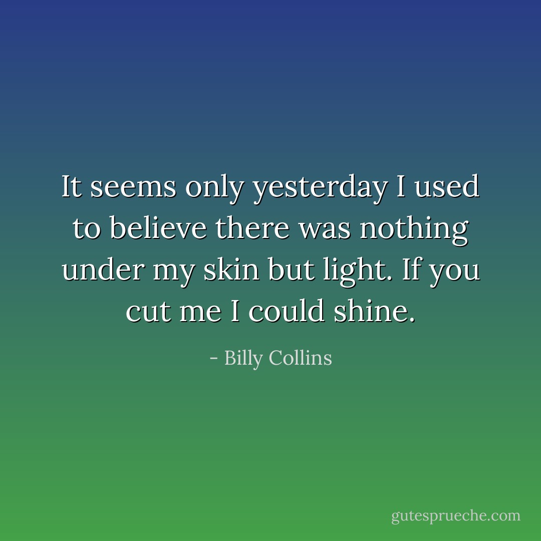It seems only yesterday I used to believe<br />there was nothing under my skin but light.<br />If you cut me I could shine. - Billy Collins