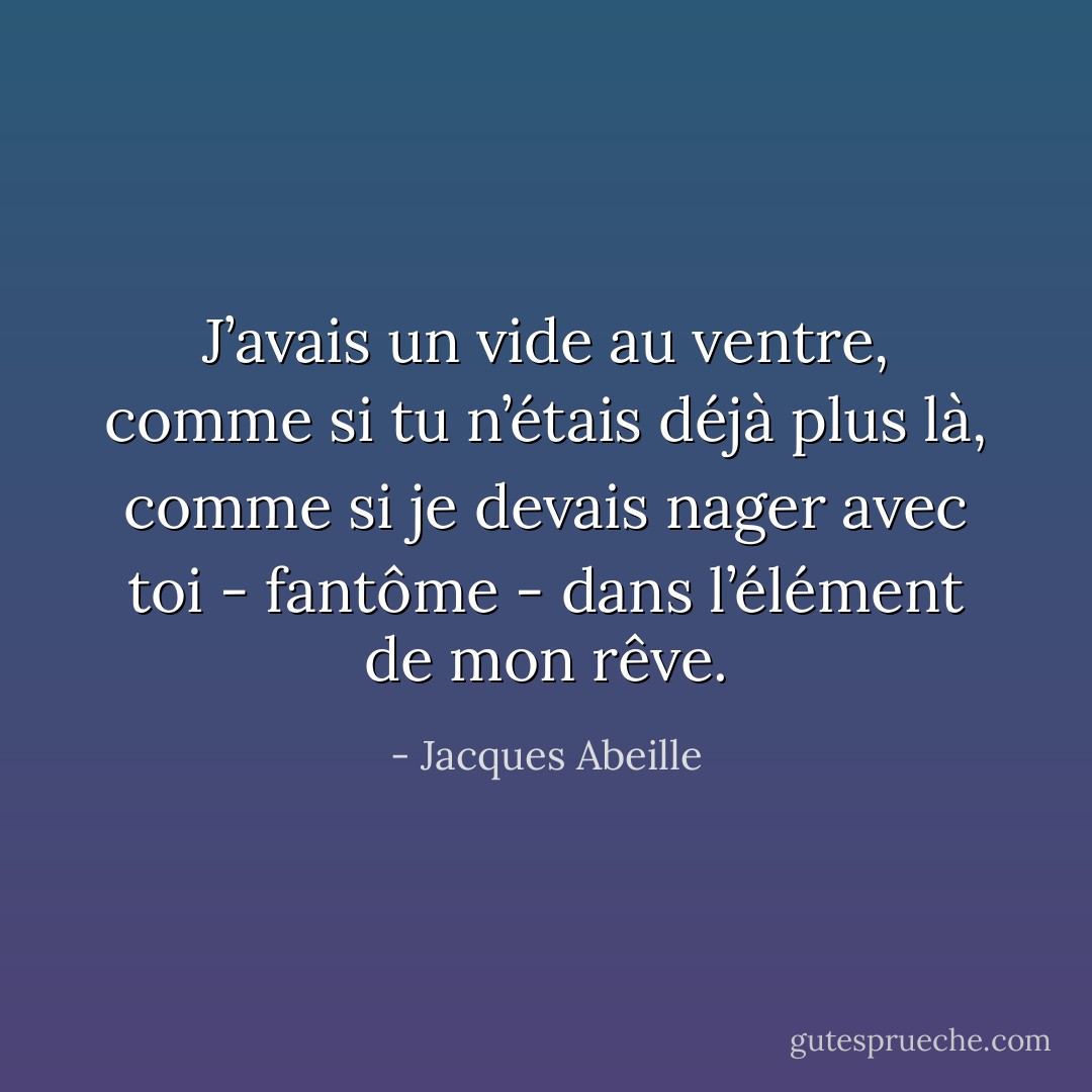 J’avais un vide au ventre, comme si tu n’étais déjà plus là, comme si je devais nager avec toi - fantôme - dans l’élément de mon rêve. - Jacques Abeille