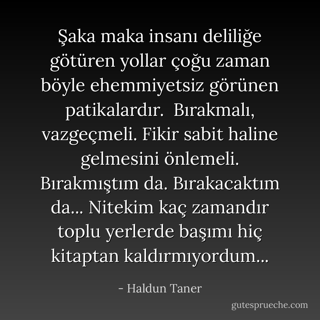 Şaka maka insanı deliliğe götüren yollar çoğu zaman böyle ehemmiyetsiz görünen patikalardır. <br />Bırakmalı, vazgeçmeli. Fikir sabit haline gelmesini önlemeli.<br />Bırakmıştım da. Bırakacaktım da... Nitekim kaç zamandır toplu yerlerde başımı hiç kitaptan kaldırmıyordum... - Haldun Taner