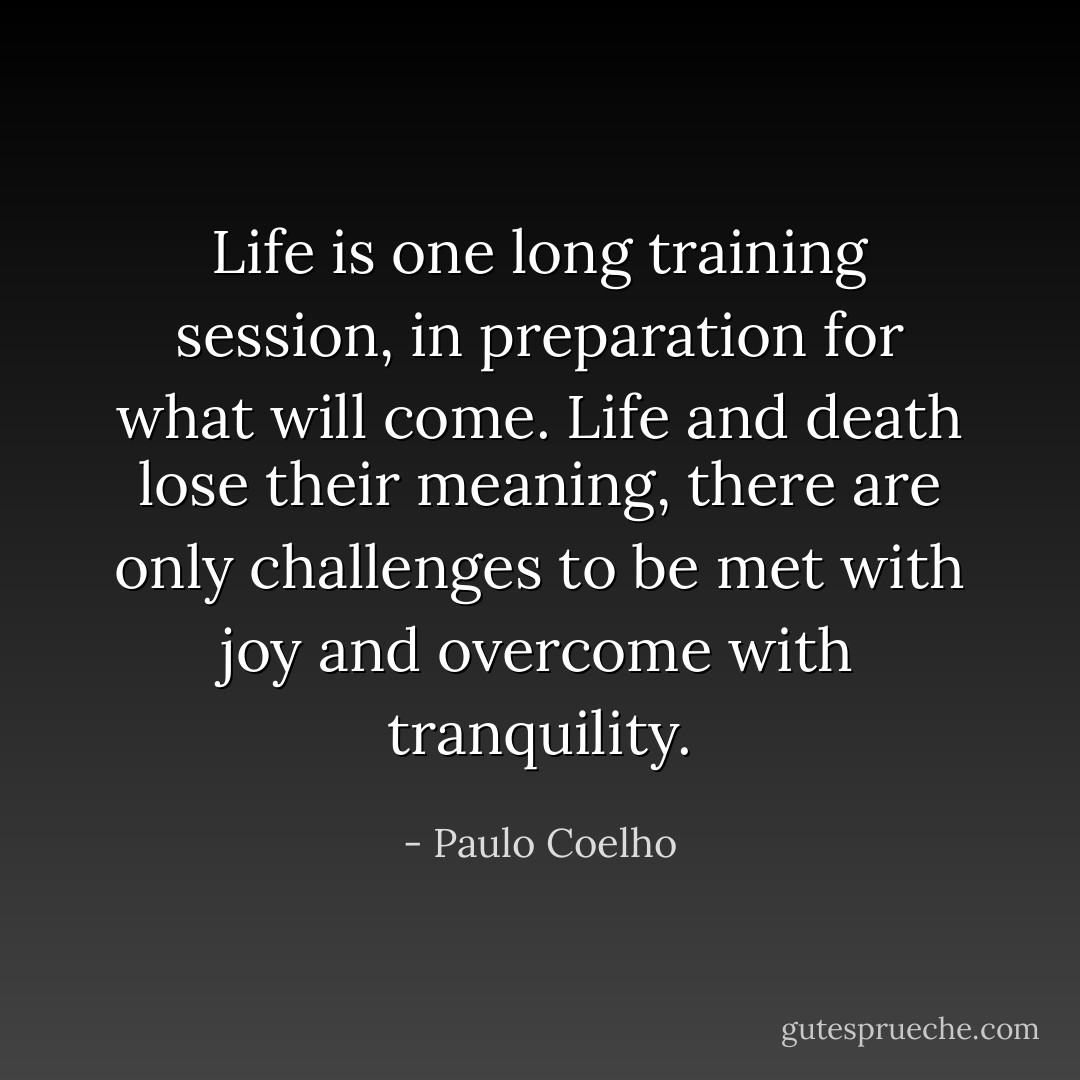 Life is one long training session, in preparation for what will come. Life and death lose their meaning, there are only challenges to be met with joy and overcome with tranquility. - Paulo Coelho