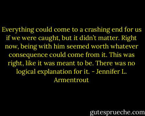 Everything could come to a crashing end for us if we were caught, but it didn’t matter. Right now, being with him seemed worth whatever consequence could come from it. This was right, like it was meant to be. There was no logical explanation for it. - Jennifer L. Armentrout
