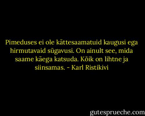 Pimeduses ei ole kättesaamatuid kaugusi ega hirmutavaid sügavusi. On ainult see, mida saame käega katsuda. Kõik on lihtne ja siinsamas. - Karl Ristikivi