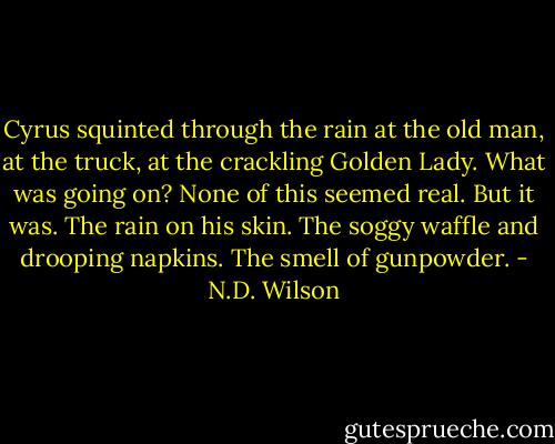 Cyrus squinted through the rain at the old man, at the truck, at the crackling Golden Lady. What was going on? None of this seemed real. But it was. The rain on his skin. The soggy waffle and drooping napkins. The smell of gunpowder. - N.D. Wilson