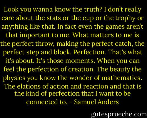 Look you wanna know the truth? I don’t really care about the<br />stats or the cup or the trophy or anything like that. In fact even the games aren’t that important to me. What matters to me is the perfect throw, making the perfect catch, the perfect step and block. Perfection. That's what it's about. It's those moments. When you can feel the perfection of creation. The beauty the physics you know the wonder of mathematics. The elations of action and reaction and that is the kind of perfection that I want to be connected to. - Samuel Anders
