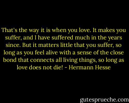 That's the way it is when you love. It makes you suffer, and I have suffered much in the years since. But it matters little that you suffer, so long as you feel alive with a sense of the close bond that connects all living things, so long as love does not die! - Hermann Hesse