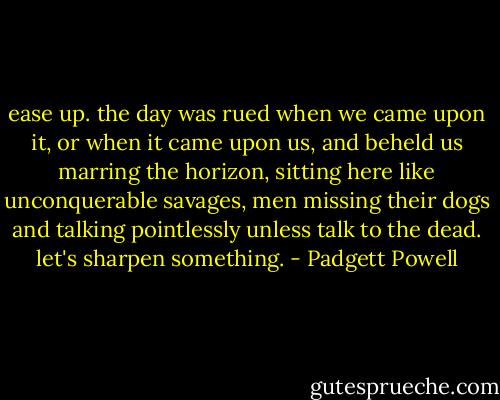 ease up. the day was rued when we came upon it, or when it came upon us, and beheld us marring the horizon, sitting here like unconquerable savages, men missing their dogs and talking pointlessly unless talk to the dead. let's sharpen something. - Padgett Powell