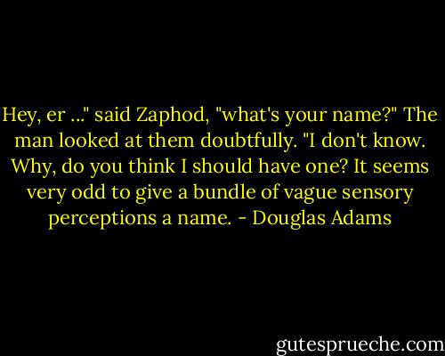 Hey, er ..." said Zaphod, "what's your name?"<br />The man looked at them doubtfully.<br />"I don't know. Why, do you think I should have one? It seems very odd to<br />give a bundle of vague sensory perceptions a name. - Douglas Adams