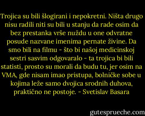 Trojica su bili šlogirani i nepokretni. Ništa drugo nisu radili niti su bili u stanju da rade osim da bez prestanka vrše nuždu u one odvratne posude nazvane imenima pernate živine. Da smo bili na filmu - što bi našoj medicinskoj sestri sasvim odgovaralo - ta trojica bi bili statisti, prosto su morali da budu tu, jer osim na VMA, gde nisam imao pristupa, bolničke sobe u kojima leže samo dvojica srodnih duhova, praktično ne postoje. - Svetislav Basara
