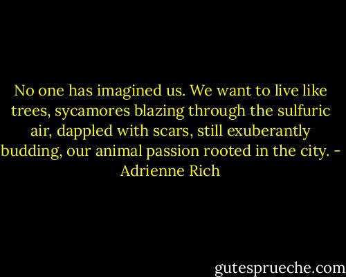 No one has imagined us. We want to live like trees,<br />sycamores blazing through the sulfuric air,<br />dappled with scars, still exuberantly budding,<br />our animal passion rooted in the city. - Adrienne Rich