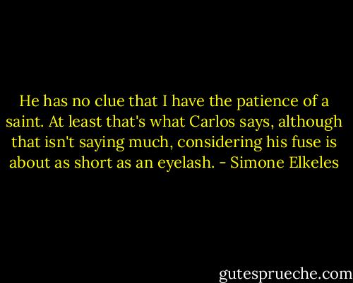 He has no clue that I have the patience of a saint. At least that's what Carlos says, although that isn't saying much, considering his fuse is about as short as an eyelash. - Simone Elkeles