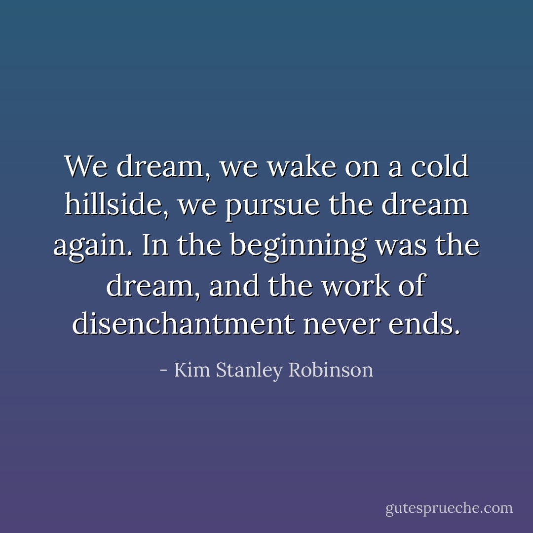 We dream, we wake on a cold hillside, we pursue the dream again. In the beginning was the dream, and the work of disenchantment never ends. - Kim Stanley Robinson