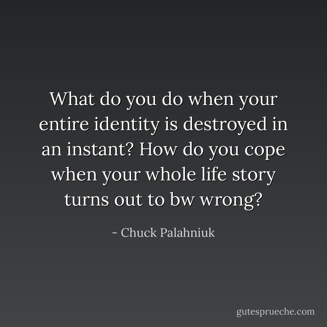 What do you do when your entire identity is destroyed in an instant? How do you cope when your whole life story turns out to bw wrong? - Chuck Palahniuk