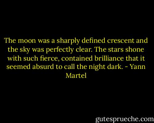The moon was a sharply defined crescent and the sky was perfectly clear. The stars shone with such fierce, contained brilliance that it seemed absurd to call the night dark. - Yann Martel