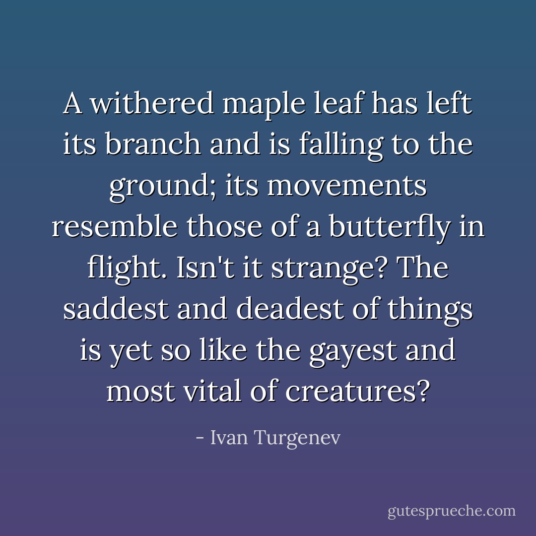 A withered maple leaf has left its branch and is falling to the ground; its movements resemble those of a butterfly in flight. Isn't it strange? The saddest and deadest of things is yet so like the gayest and most vital of creatures? - Ivan Turgenev
