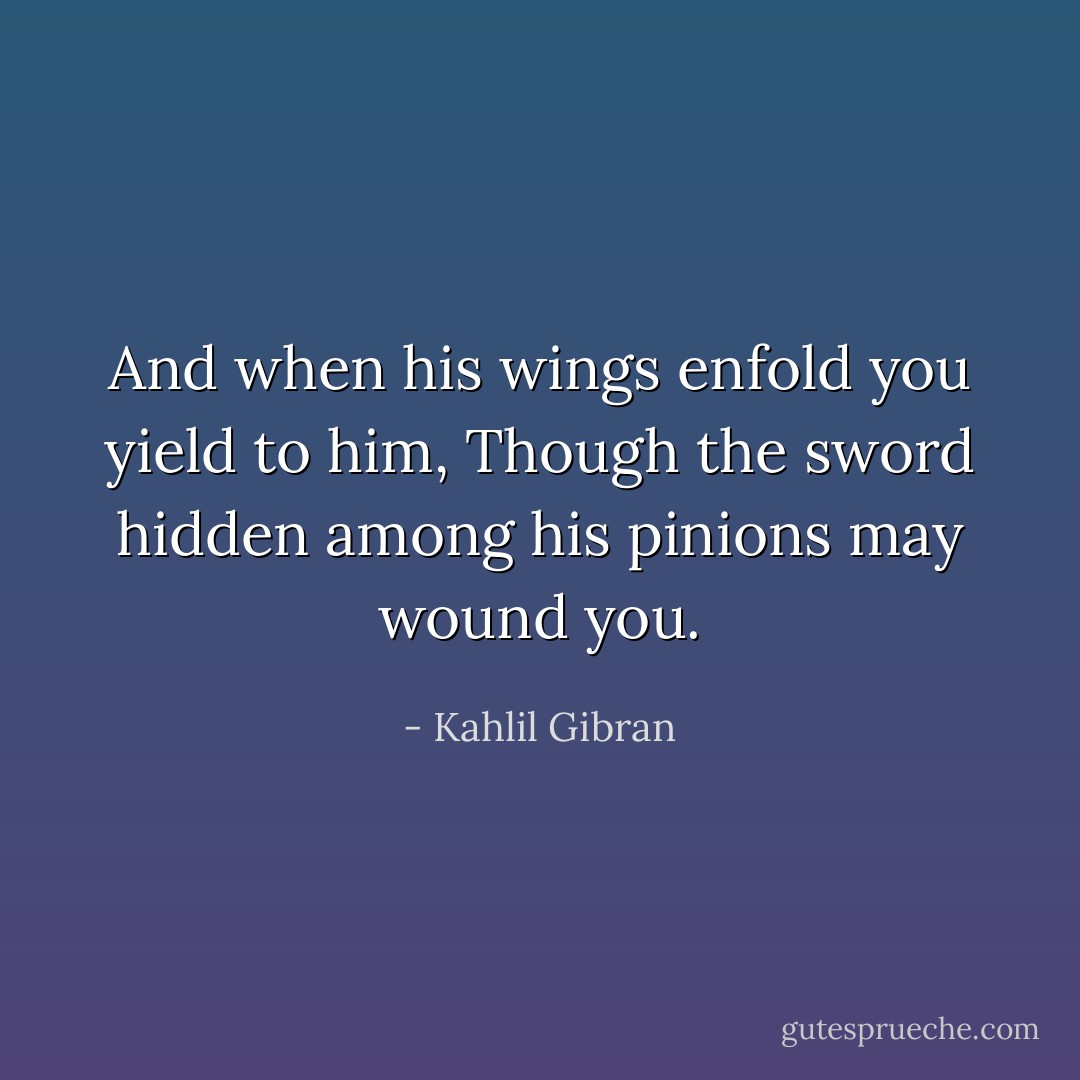 And when his wings enfold you yield to him,<br />Though the sword hidden among his pinions may wound you. - Kahlil Gibran