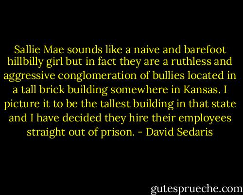 Sallie Mae sounds like a naive and barefoot hillbilly girl but in fact they are a ruthless and aggressive conglomeration of bullies located in a tall brick building somewhere in Kansas. I picture it to be the tallest building in that state and I have decided they hire their employees straight out of prison. - David Sedaris