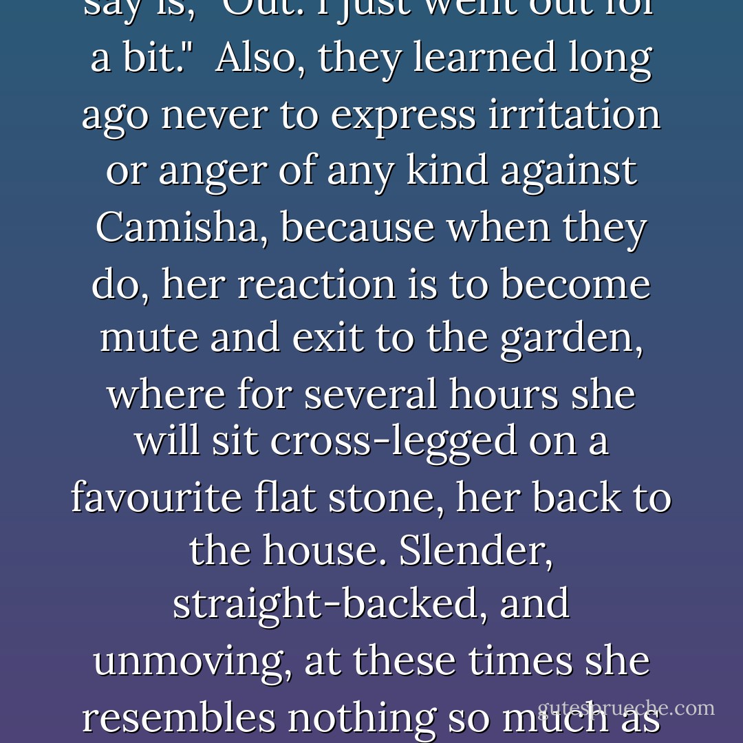 But after all the years, her husband and children have come to accept that, once every few weeks, their usually warmhearted and approachable Camisha will get into her Honda Accord at the beginning of a seemingly random day, and disppear until well after supper, when she will return home and go directly to bed. Her family has learned never top ask her where she had been on such a day, because the most she will ever say is, "Out. I just went out for a bit."<br /><br />Also, they learned long ago never to express irritation or anger of any kind against Camisha, because when they do, her reaction is to become mute and exit to the garden, where for several hours she will sit cross-legged on a favourite flat stone, her back to the house. Slender, straight-backed, and unmoving, at these times she resembles nothing so much as an elegant ebony carving, exquisite but not quite alive. Watching her is almost unberable, and so is the guilt. Or if the weather is not suitable for the garden, she will simpily go to her bedroom and lock the door. Then as a matter of course, without comment during or after, her husband sleeps on the sofa in the den. In the morning, Camisha is usually her old self again, just as if nothing had happened. - Martha Stout